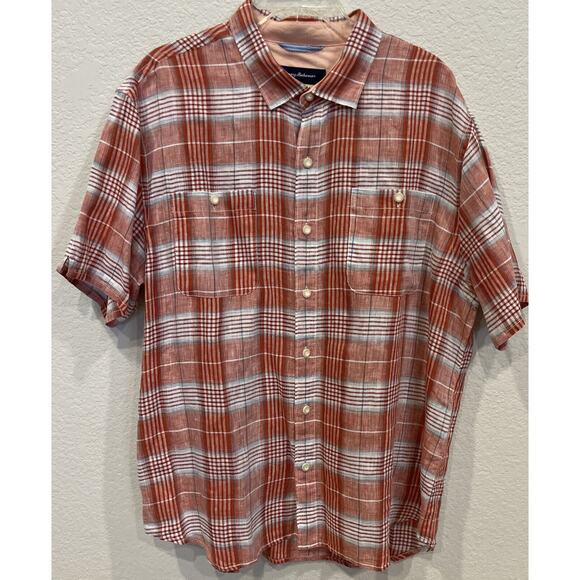 TOMMY BAHAMA Men's Multicolored Plaid Short Sleeve Linen Button Up Shirt XL - Picture 1 of 2